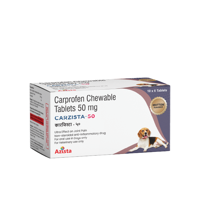 Carzista 50mg Carprofen chewable tablets for dogs – Effective pain and inflammation treatment by Azista Vet				
