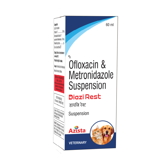 Diazi Rest Ofloxacin and Metronidazole suspension for dogs – Azista Vet treatment for gastrointestinal infections				
